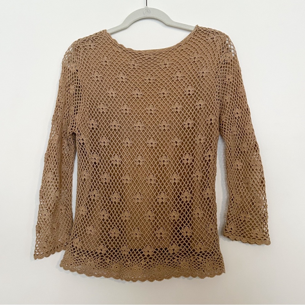 Croft & Barrow Tan Long Sleeve Lace Crochet Mesh Long Sleeve Brown floral Blouse - Picture 5 of 7